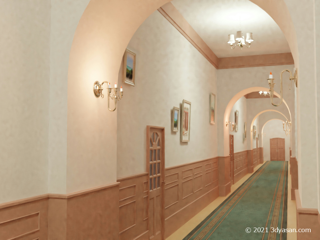 洋館の廊下の3Dモデル