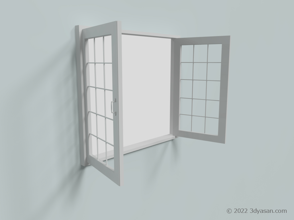 開いた両開き窓の3Dモデル